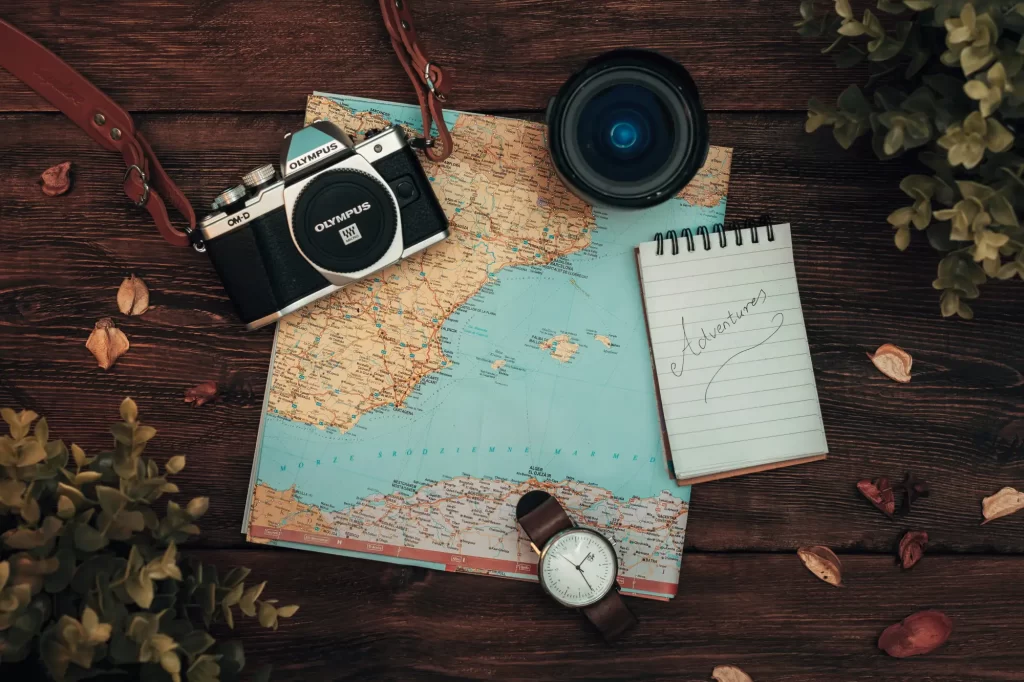 travel planning flat lay